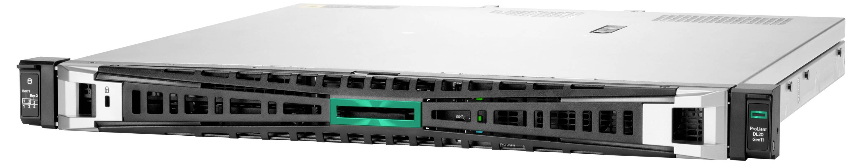 Een slanke, zilveren data server behuizing met geventileerd frontpaneel en geïntegreerde poorten, ontworpen voor montage in een serverrek in een datacenter.