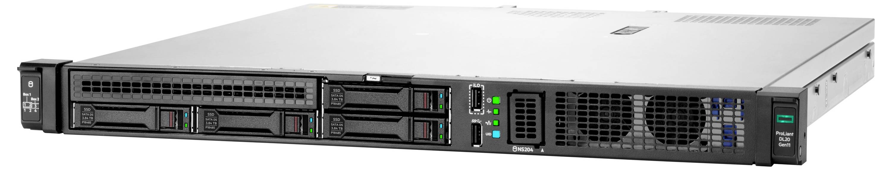 Een rack-gemonteerde server met meerdere schijfposities en indicatorlichten, waarbij de frontpaneel-poorten zichtbaar zijn.