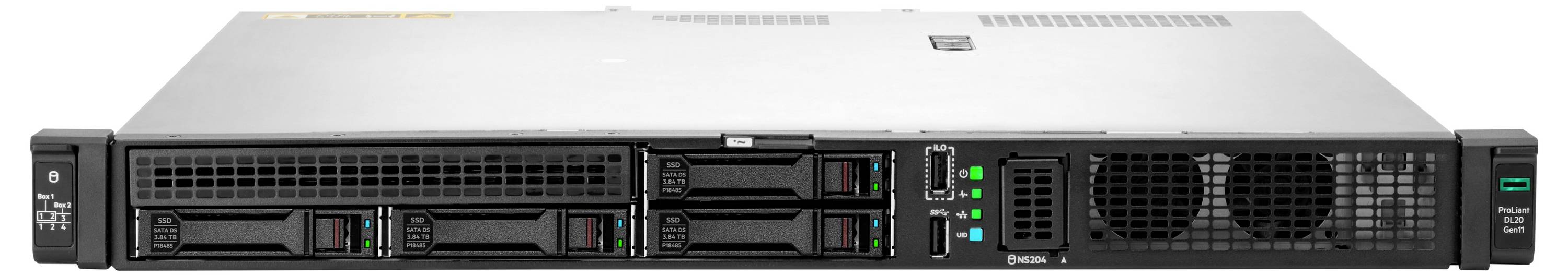 Een zilverkleurige en zwarte server met meerdere drive-sleuven en indicatorlichten, waarschijnlijk gebruikt in datacenters of IT-infrastructuuromgevingen.