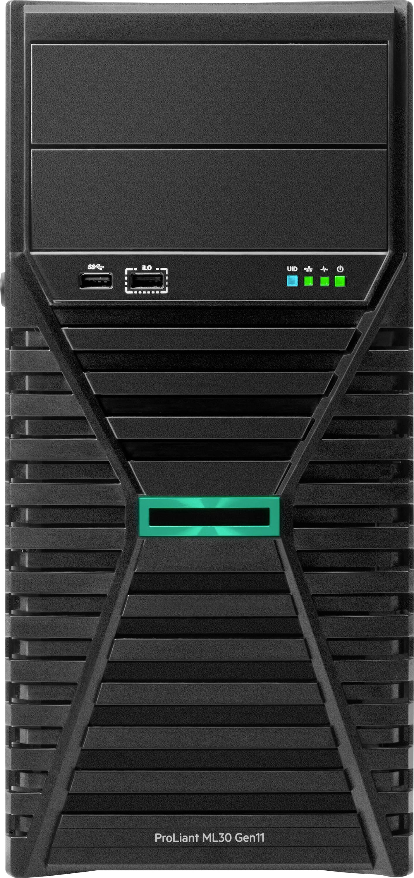 Een zwarte towerserver met USB-poorten en statuslichten aan de voorkant, onderaan gelabeld als 'ProLiant ML30 Gen11'.