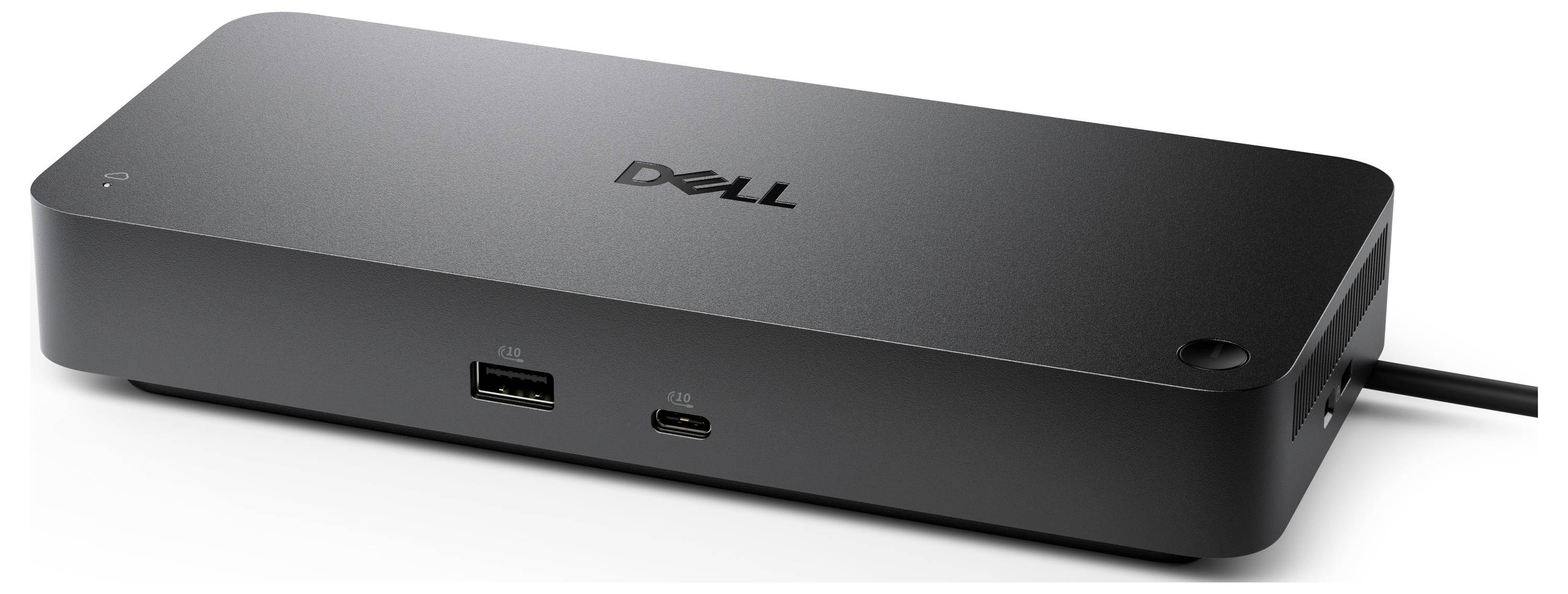 Een zwarte Dell-dockingstation met meerdere poorten aan de voorkant, waaronder USB en USB-C.