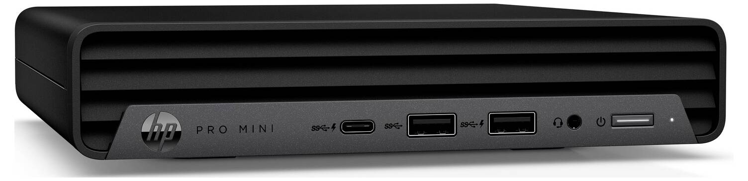 Een strakke, zwarte HP Pro Mini desktopcomputer met meerdere frontale poorten, waaronder USB-C, USB-A en audioaansluiting, ideaal voor compacte opstellingen.