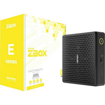 De afbeelding toont een ZOTAC ZBOX E Series mini-pc naast zijn gele verpakking. De doos bevat de tekst 'Empower the Future'.