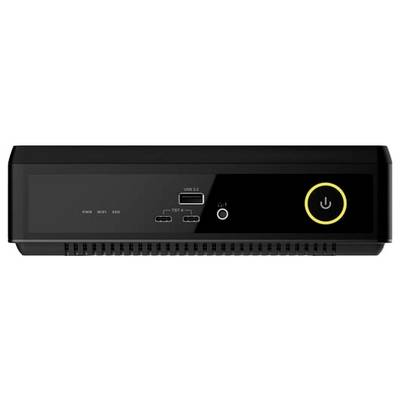 Een zwarte desktop computertoren met een voorste USB 3.2-poort, twee USB-C-poorten, een koptelefoonaansluiting, LED-indicatoren en een geel verlichte aan/uit-knop.
