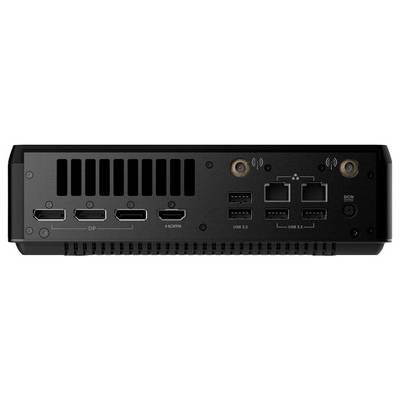 Achterkant van een kleine computerunit met aansluitingen: drie DisplayPort, één HDMI, vier USB 3.3, twee Ethernet en voedingsingang.