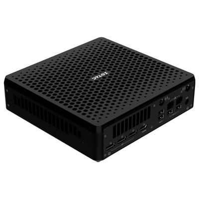 Een zwarte, compacte ZOTAC mini-pc met een geperforeerde bovenkant voor ventilatie, voorzien van meerdere USB- en HDMI-poorten aan de voor- en zijkant.