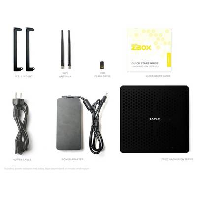ZOTAC ZBOX inhoud van de verpakking: wandsteun, Wi-Fi-antenne, USB-stick, snelstartgids, stroomkabel, voedingsadapter, ZBOX-eenheid.