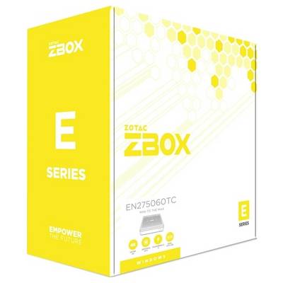 ZOTAC ZBOX E Serie EN275060TC-verpakking in geel en wit heeft een zeshoekig ontwerp en benadrukt 'Mini to the Max' en 'Empower the Future'.