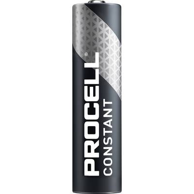 Een zwarte en zilveren cilindrische batterij met verticaal het label 'Procell Constant', voorzien van een geometrisch patroon op het bovenste gedeelte.