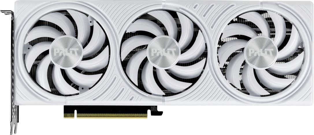 Een witte videokaart met drie ventilatoren, gelabeld 'PΛLIT'. Hij beschikt over een PCIe-aansluiting aan de zijkant, geschikt voor computercomponenten.