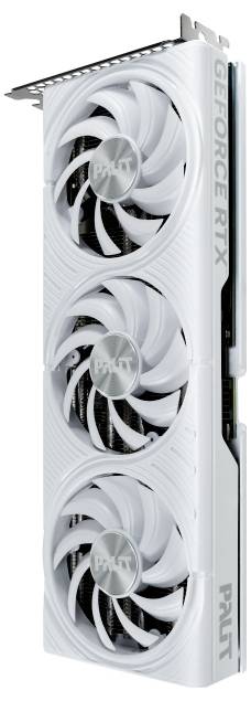 Een witte Palit GeForce RTX videokaart met drie koelventilatoren, ontworpen voor high-performance gaming en visuele verwerking.