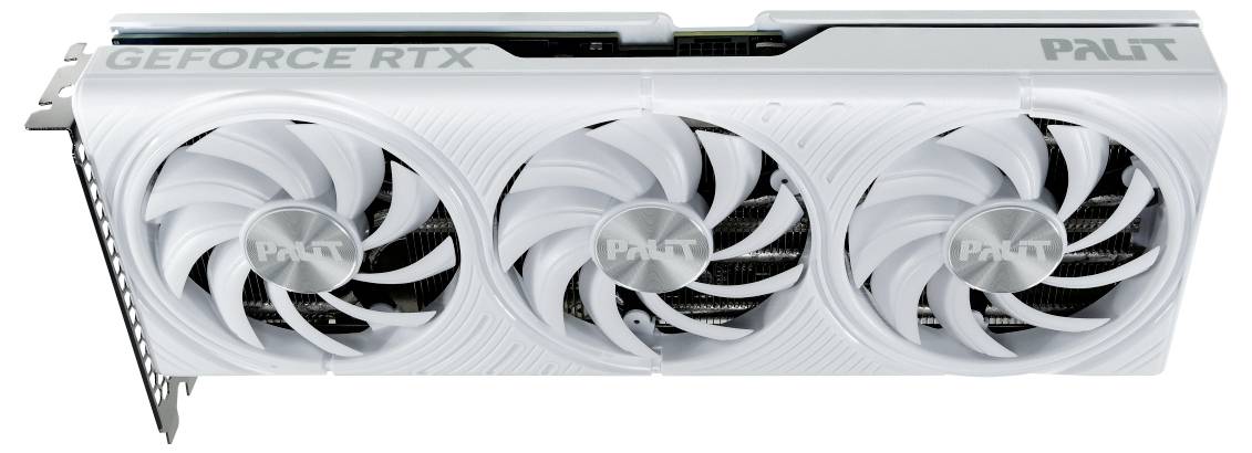 Een witte Palit GeForce RTX grafische kaart met drie koelventilatoren en zilveren accenten, ontworpen voor high-performance gaming en computing.