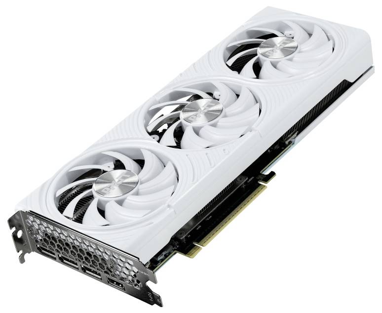 Een witte computervideokaart met drie koelventilatoren en meerdere poorten wordt getoond, ontworpen voor verbeterde gaming- en grafische prestaties.