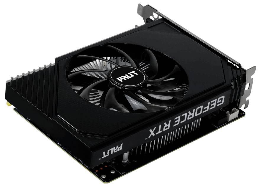 Een zwarte Palit GeForce RTX videokaart met één ventilator, die zijn compacte ontwerp en merkidentiteit demonstreert.