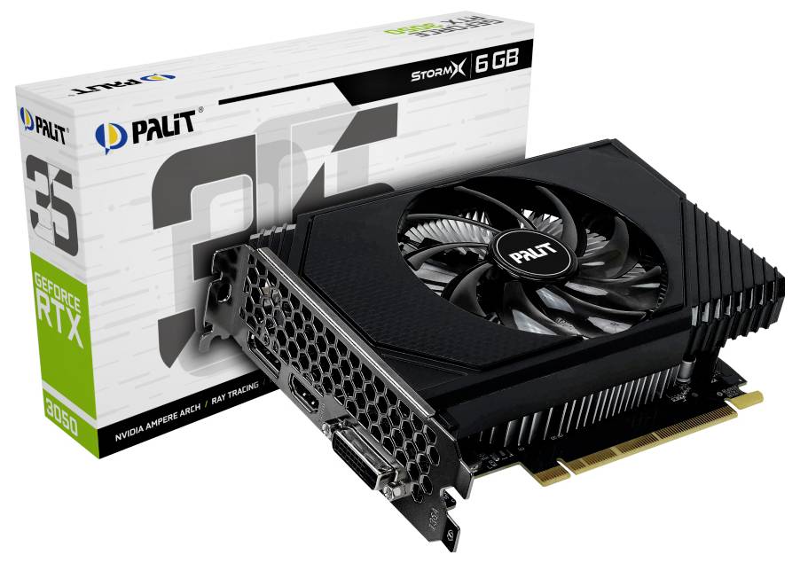 Een zwarte Palit GeForce RTX 3060 videokaart met een grote ventilator, getoond voor zijn doos. De doos toont '6 GB' en '3050'.