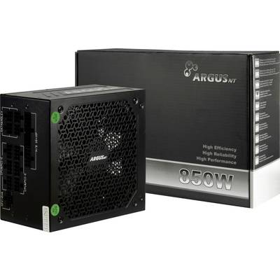 Een zwarte 850W Argus NT-voeding wordt weergegeven naast zijn verpakking, waarbij functies zoals hoge efficiëntie en betrouwbaarheid worden benadrukt.