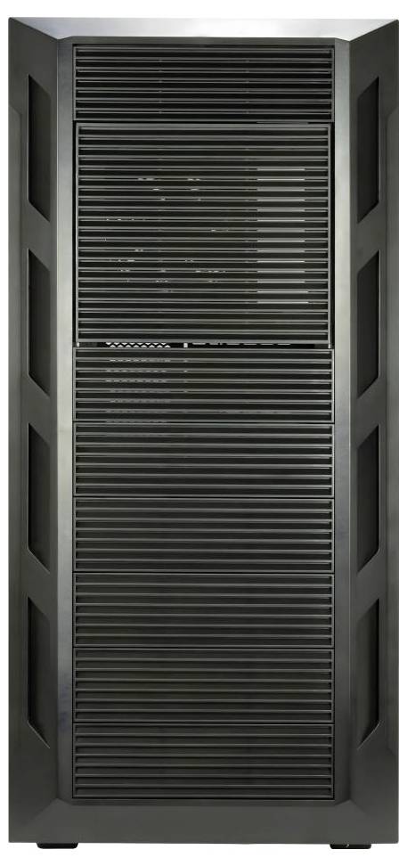 Een grote, industriële serverrek met metalen ventilatieopeningen, gebruikt voor het huisvesten van computerservers in datacentra.