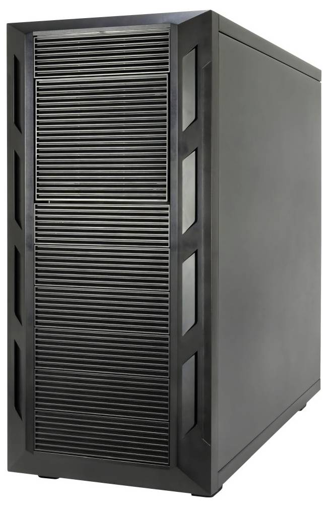 Een zwarte computertoren behuizing met een geventileerd voorpaneel, ontworpen voor koeling en het herbergen van computercomponenten.