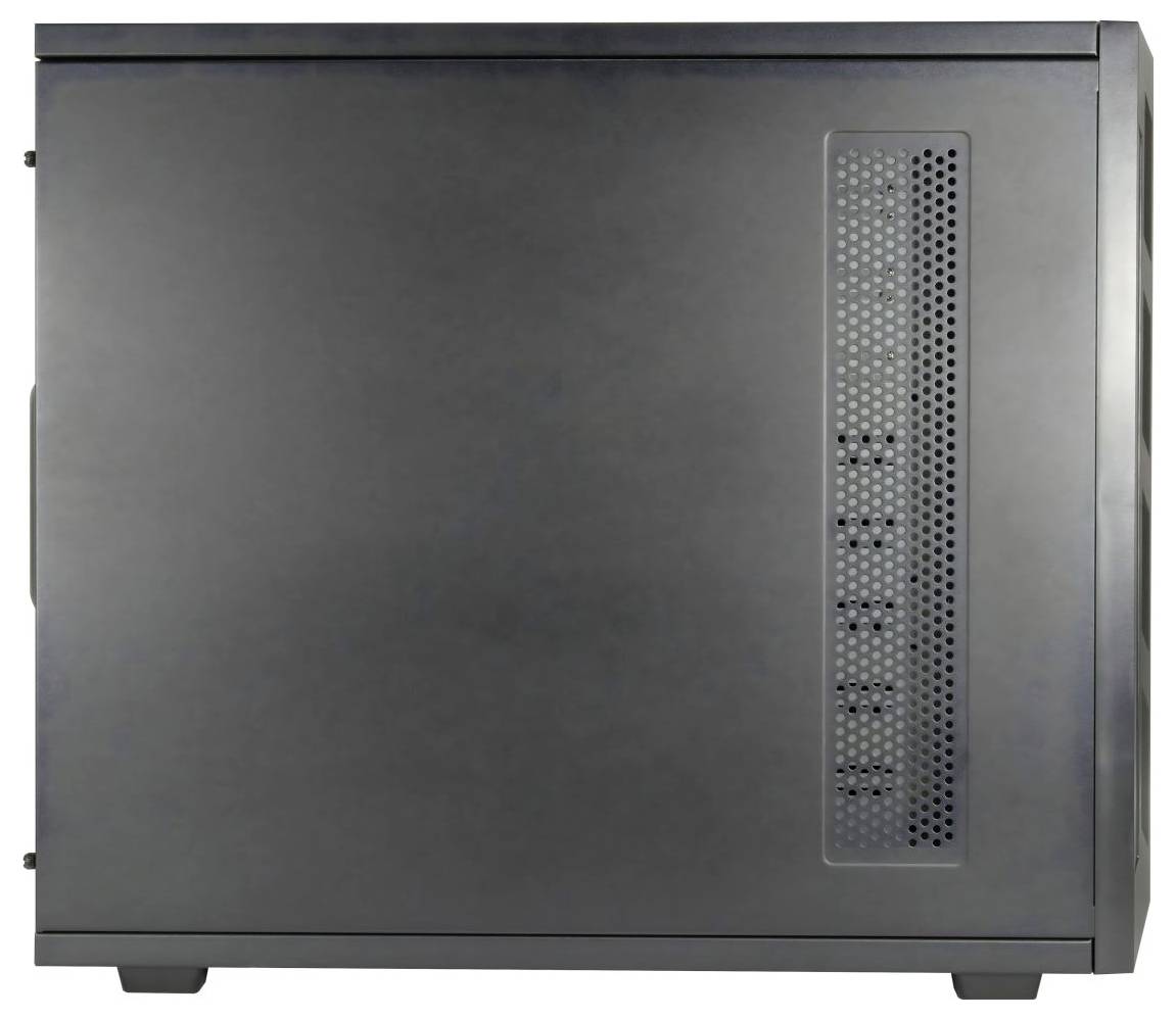 Een strakke zwarte computerbehuizing met een geventileerd paneel aan de zijkant voor luchtstroom, rechtop staand.