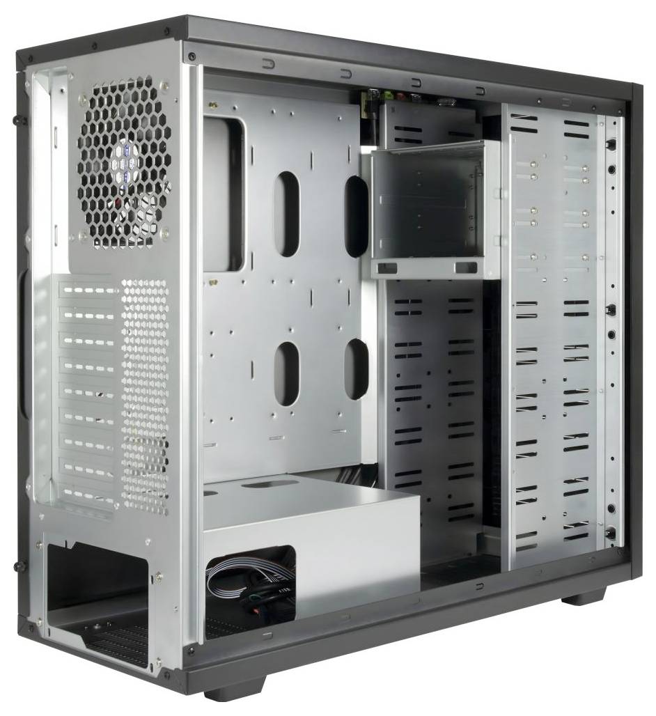 Een open computerbehuizing die zijn interne structuur toont met sleuven voor componenten, inclusief stationsruimtes en een ventilator aan de achterkant.