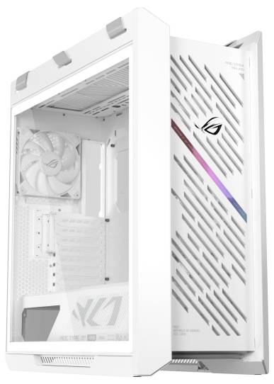Witte gaming pc-behuizing met glazen zijpaneel en verstelbare voorkant. Beschikt over zichtbare koelventilator en ROG-logo aan de voorzijde.