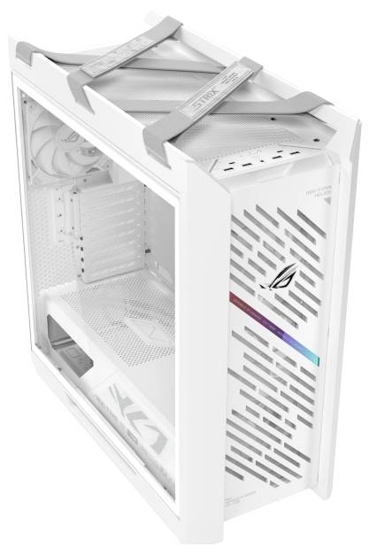 Witte gaming PC-behuizing met transparant zijpaneel, aanpasbare RGB-verlichting en geavanceerde koelsysteemfuncties, rechtop staand.