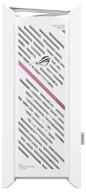 Wit computerbehuizing voorpaneel met diagonale grijze sleuven, roze streep, en 'ROG Strix Helios' logo in de rechterbovenhoek.