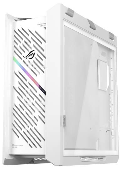 Een witte computerbehuizing met een transparant zijpaneel en een geventileerd voorpaneel met een kleurrijk logo.