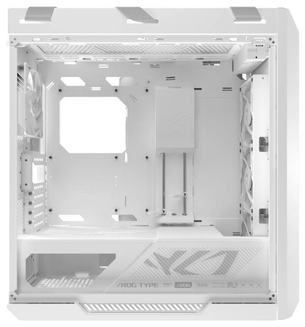 Witte computerbehuizing van binnen met open zijpaneel dat ventilator, kabelgeleiding en voedingscompartiment toont.