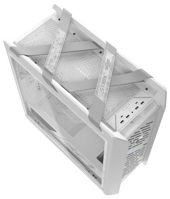 Bovenaanzicht van een witte computerbehuizing met meshpanelen en stevige riemen, die een modern ontwerp benadrukken met de nadruk op ventilatie en draagbaarheid.