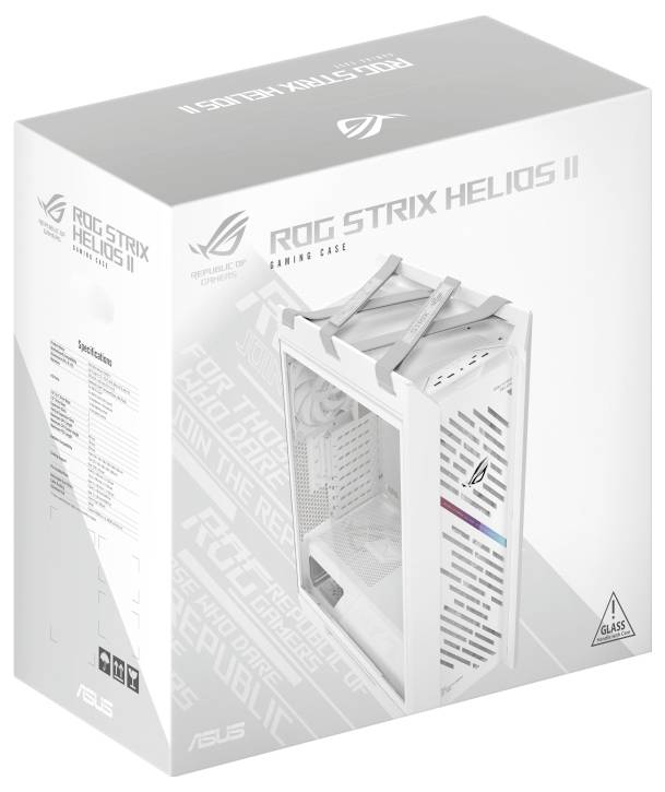De afbeelding toont de verpakking van een ASUS ROG Strix Helios II gaming behuizing. De doos is grotendeels wit met productafbeeldingen en belangrijkste eigenschappen vermeld.
