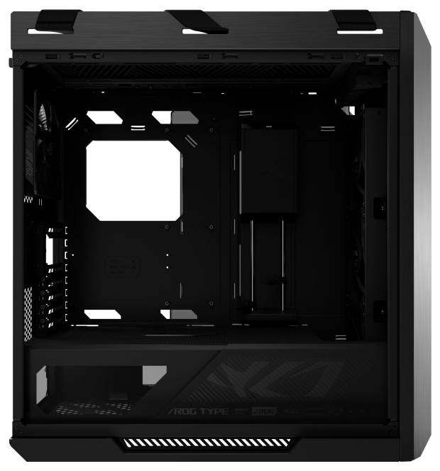 Een zwarte computerbehuizing met een open zijkant die de binnenruimte toont voor hardwarecomponenten, inclusief montagevlakken voor een moederbord en voeding.