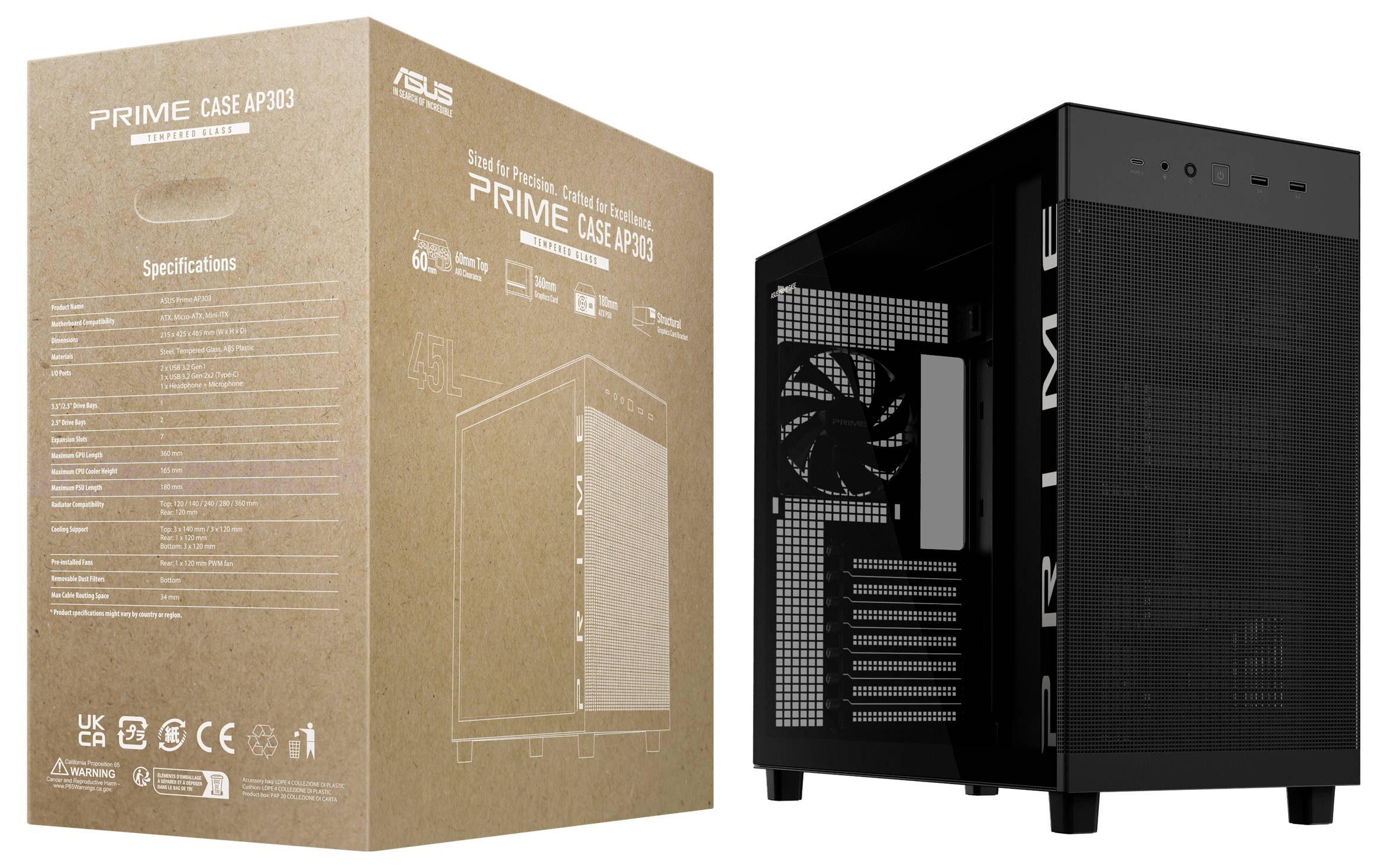 Een zwarte ASUS Prime AP303 computerbehuizing met een meshfront wordt naast zijn bruine doos getoond. Op de doos worden specificaties en kenmerken weergegeven.