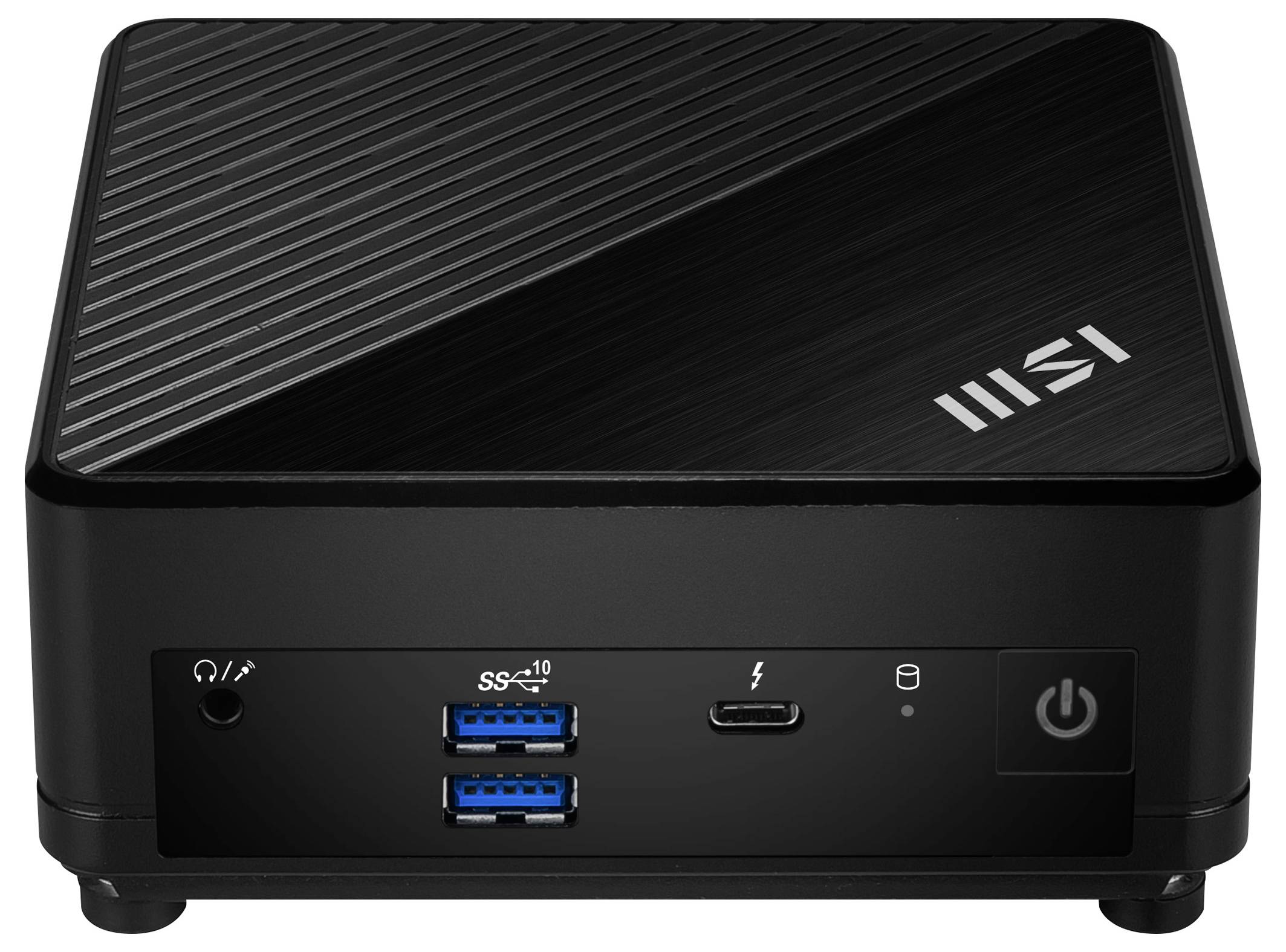 Een compacte zwarte mini-pc met MSI-branding, voorzien van meerdere poorten aan de voorkant, waaronder USB en een aan/uit-knop.