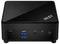 Een compacte zwarte mini-pc met MSI-branding, voorzien van meerdere poorten aan de voorkant, waaronder USB en een aan/uit-knop.