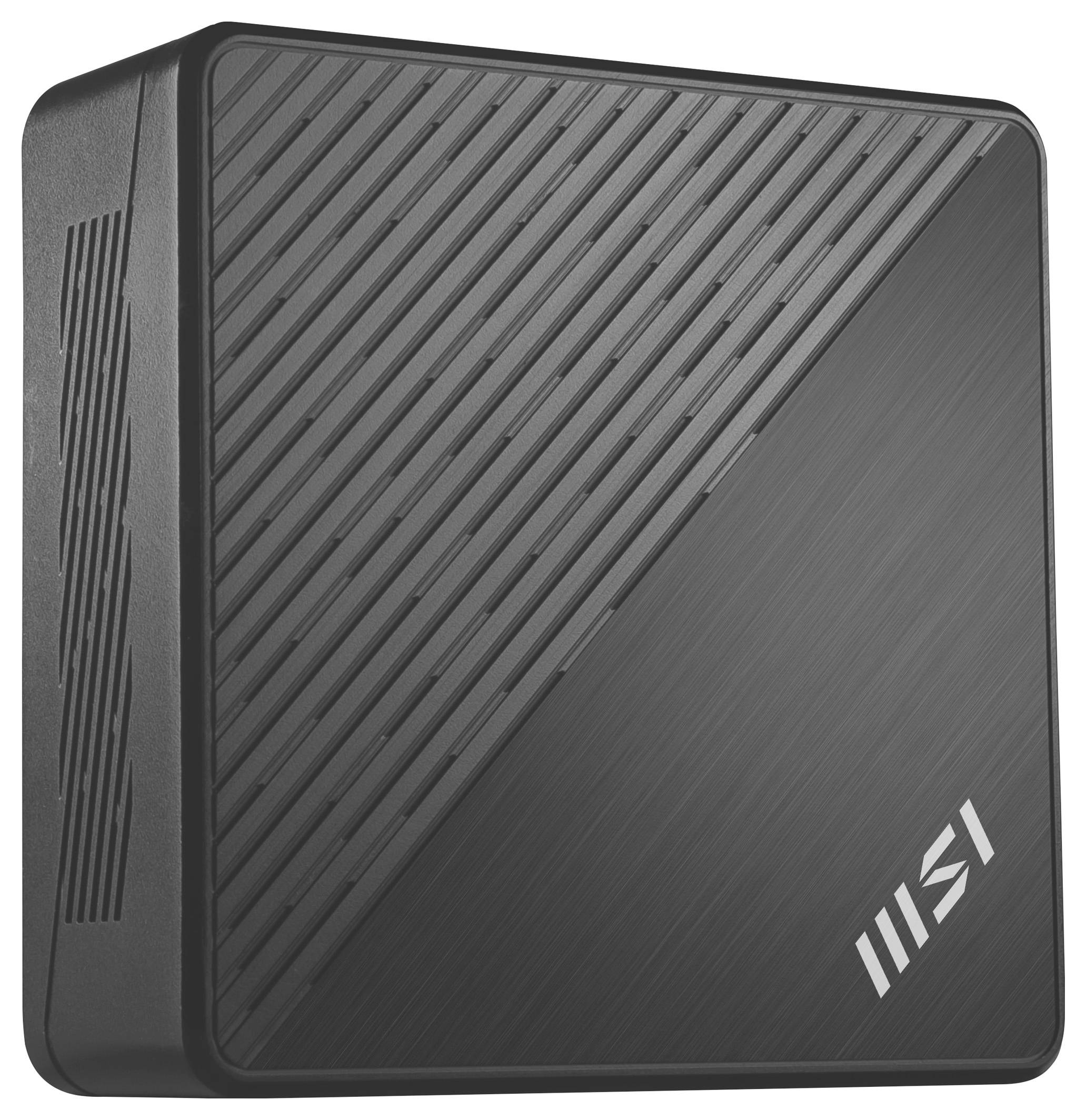 Een compacte, rechthoekige, zwarte mini-pc met diagonale lijnen aan één zijde en het logo 'MSI' in de rechterbenedenhoek.