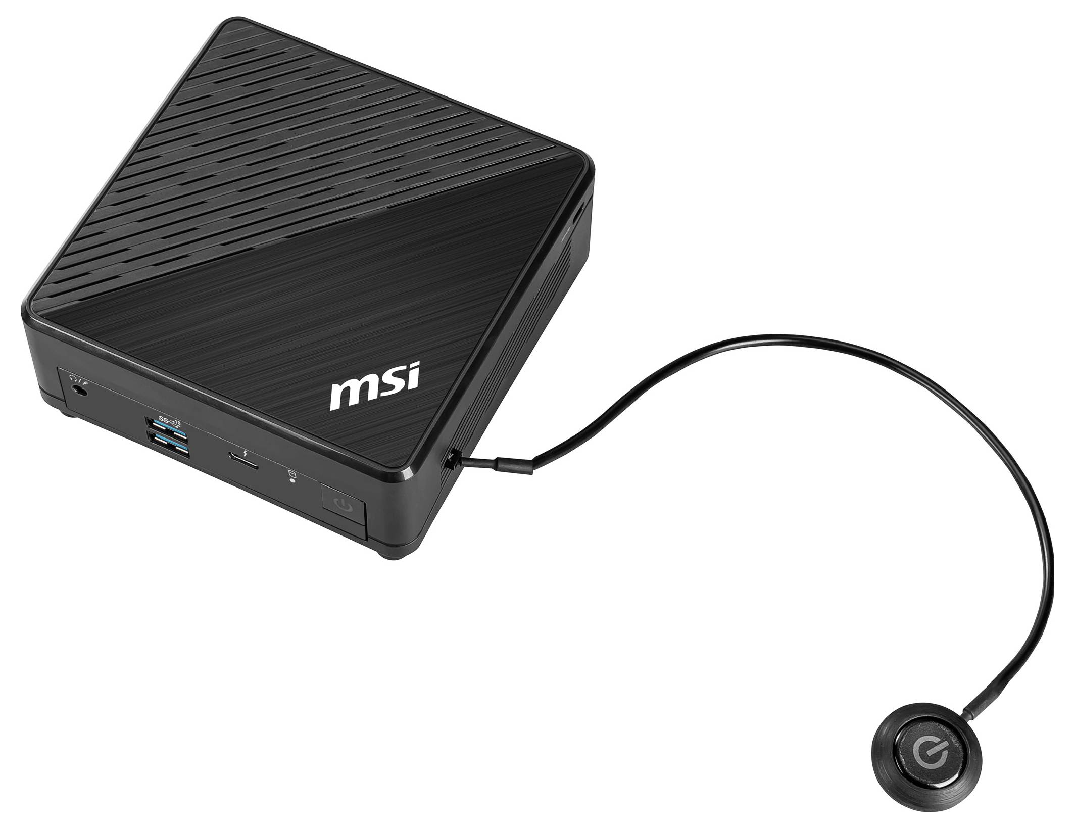 Een compacte, zwarte MSI desktopcomputer met een diagonaal gestreept patroon, aangesloten op een aan een snoer bevestigde aan/uit-knop.