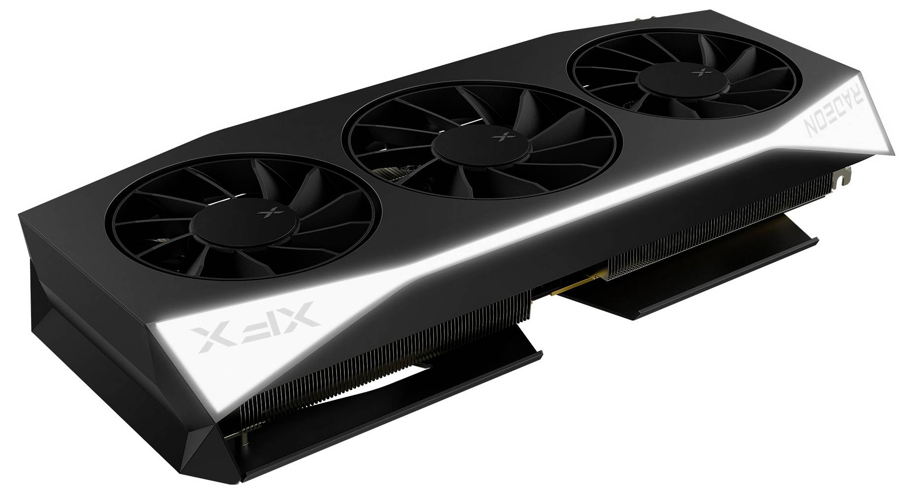 Een zwarte videokaart met drie koelventilatoren en 'X'-branding op de behuizing, ontworpen voor high-performance gaming of computergebruik.