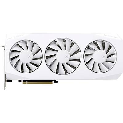 Een witte grafische kaart met drie ventilatoren, voorzien van het 'XFX' merk en 'RADEON' logo, ontworpen voor high-performance computing.