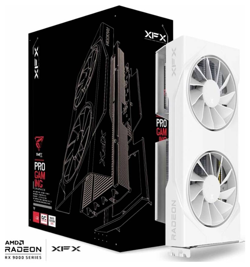 Een witte XFX Radeon RX 9000 Series videokaart wordt getoond naast zijn zwarte verpakking, waarbij de 'Pro Gaming' functies worden benadrukt.