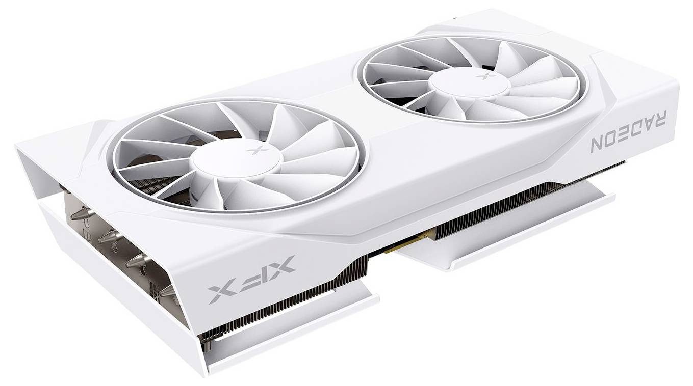 Een witte grafische kaart met twee ventilatoren, gelabeld als 'Radeon', ontworpen voor high-performance computing en gaming-toepassingen.