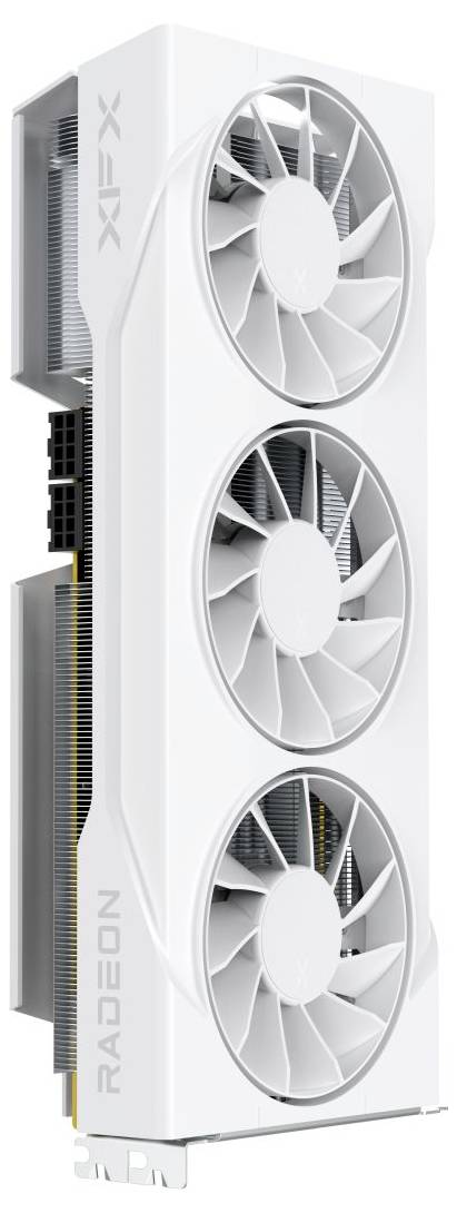 Een witte GPU met drie koelventilatoren, voorzien van de labels 'XFX' en 'RADEON', ontworpen voor hoogpresterende computing en gamen.