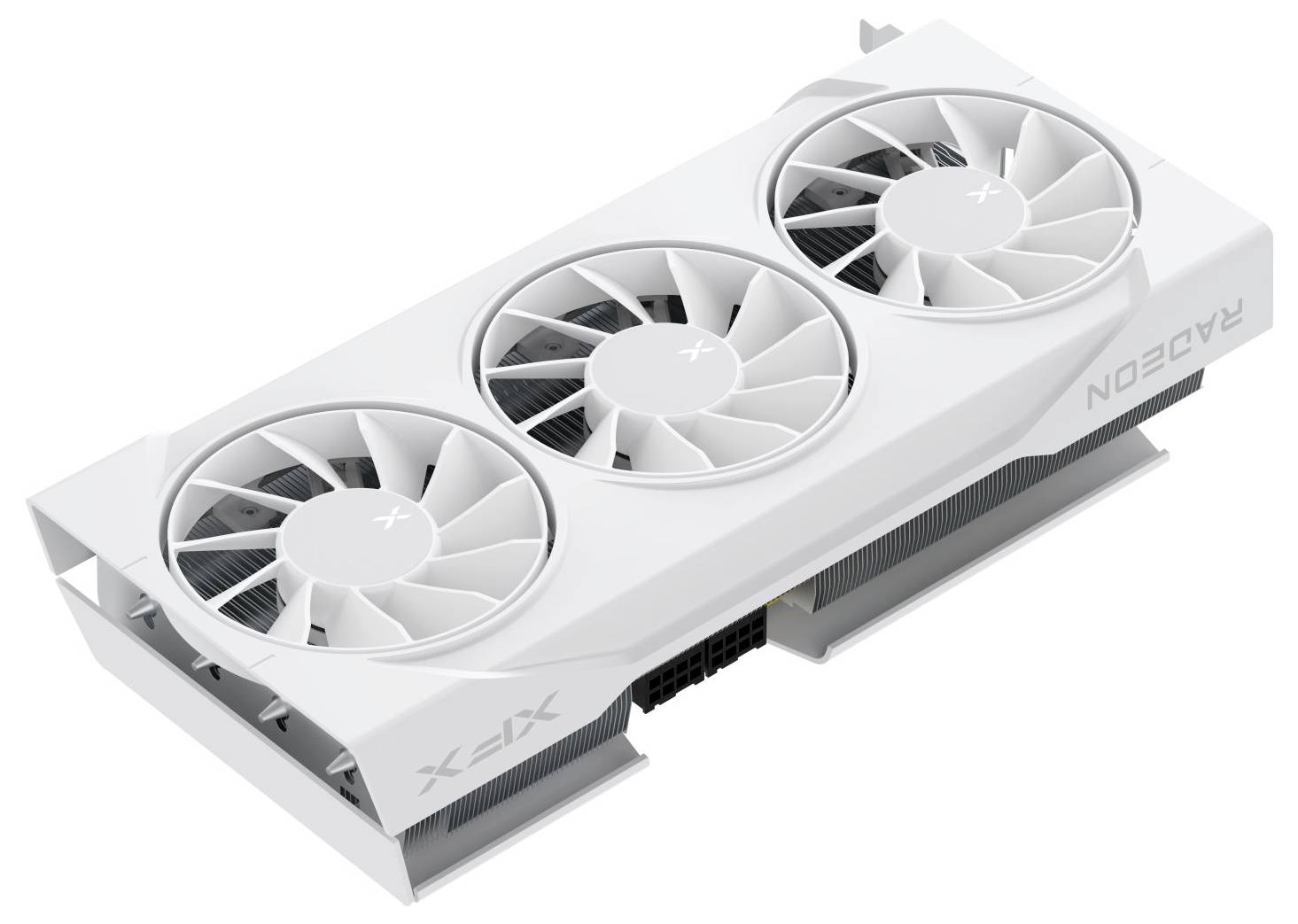 Een witte XFX Radeon grafische kaart met drie grote koelventilators, ontworpen voor high-performance gaming of grafisch intensieve taken.