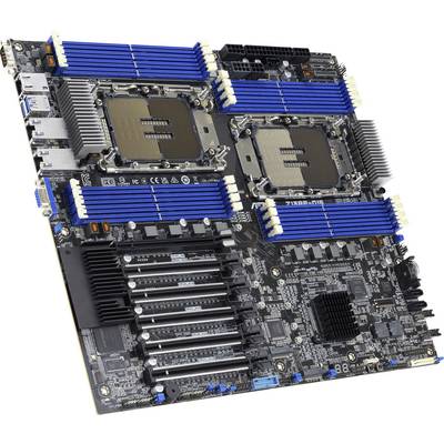 Een computermoederbord met twee grote CPU-sockets, meerdere RAM-sleuven en talrijke aansluitingen, die de krachtige rekencapaciteit illustreren.