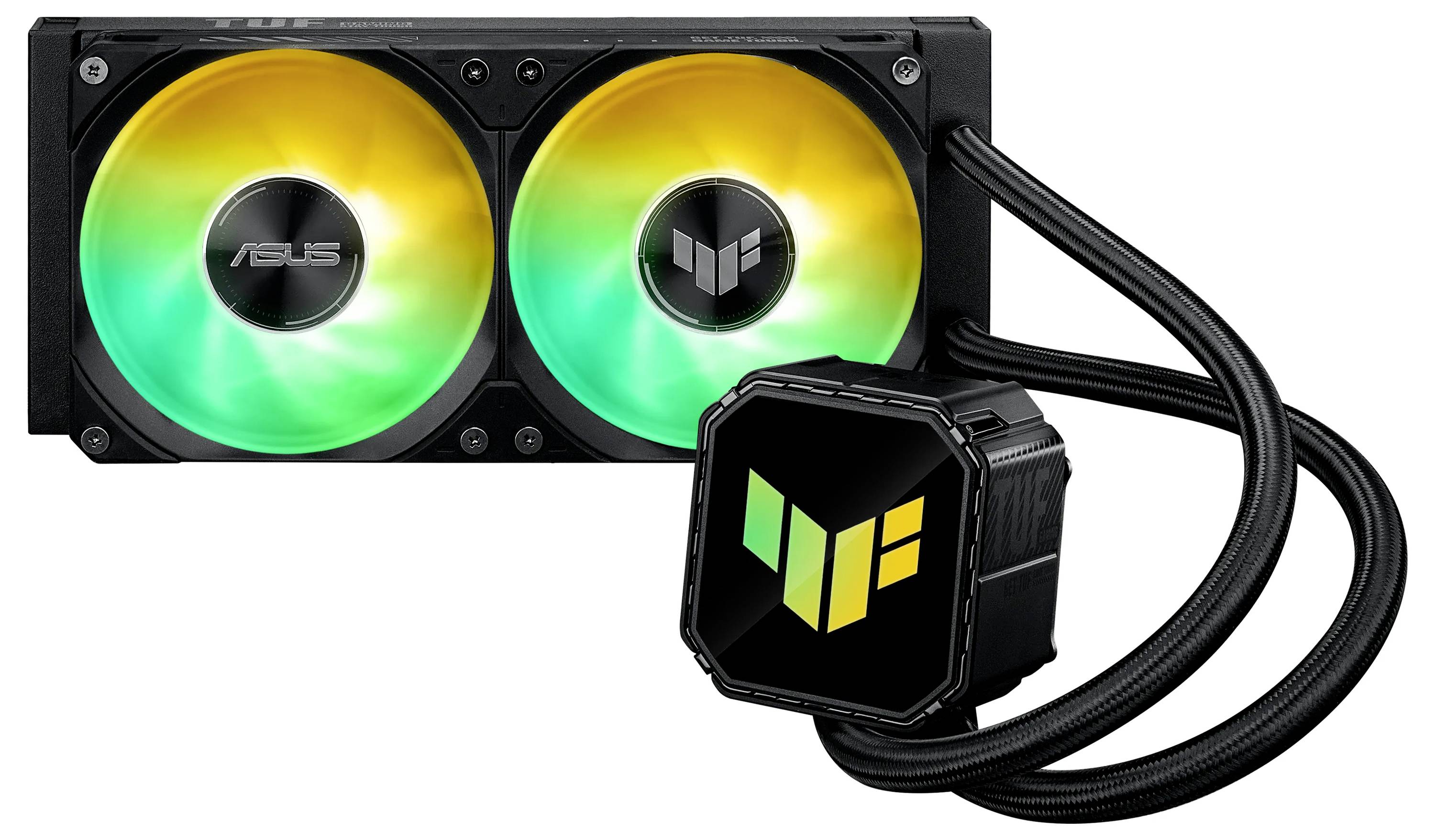 Vloeistof CPU-koeler met twee kleurrijke LED-fans en een pompblok met het TUF Gaming-logo, verbonden door twee zwarte slangen.