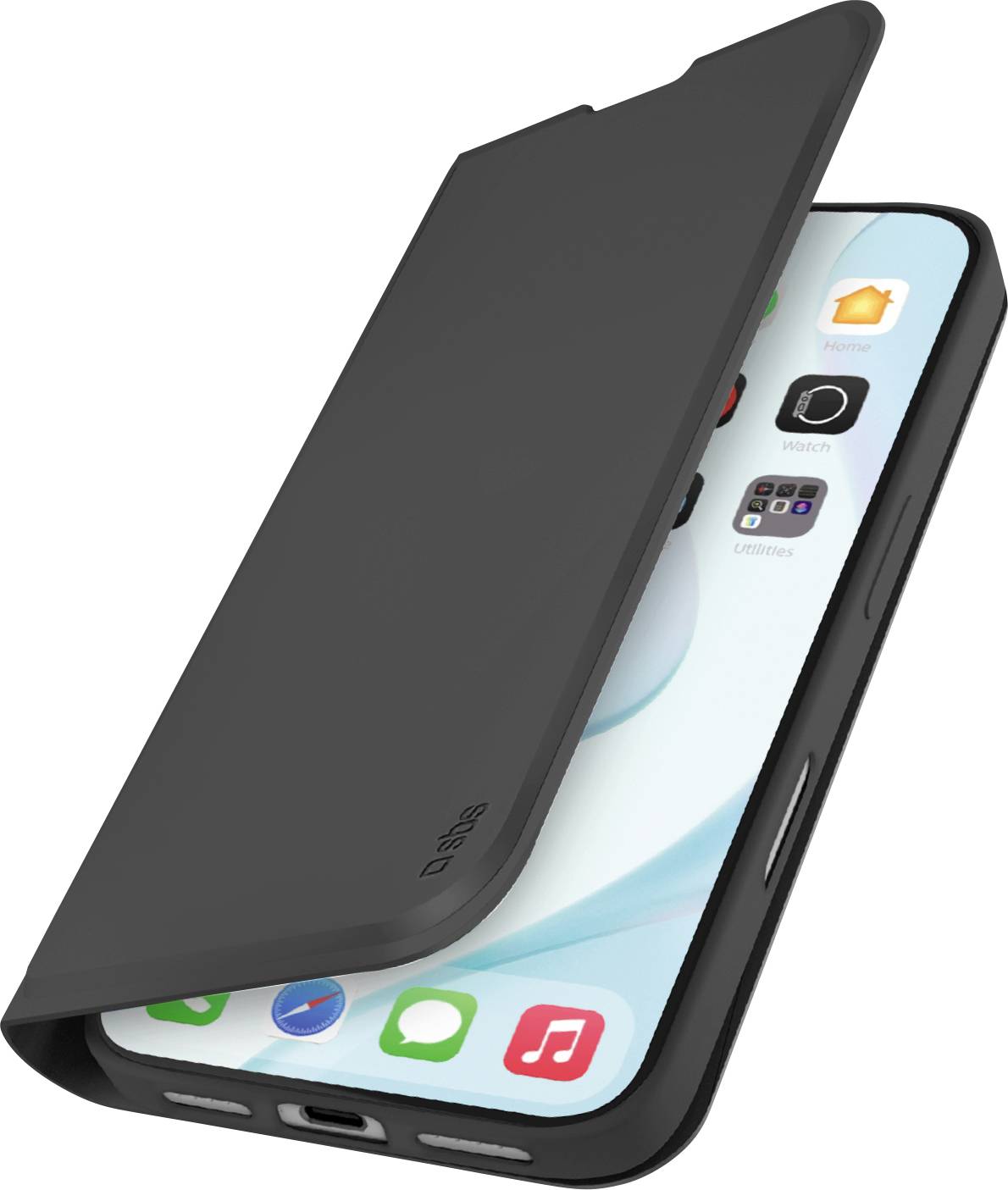Een zwarte smartphonehoes die gedeeltelijk open is, waarbij een scherm met app-pictogrammen zichtbaar is. De onderrand van de telefoon en de oplaadpoort zijn zichtbaar.