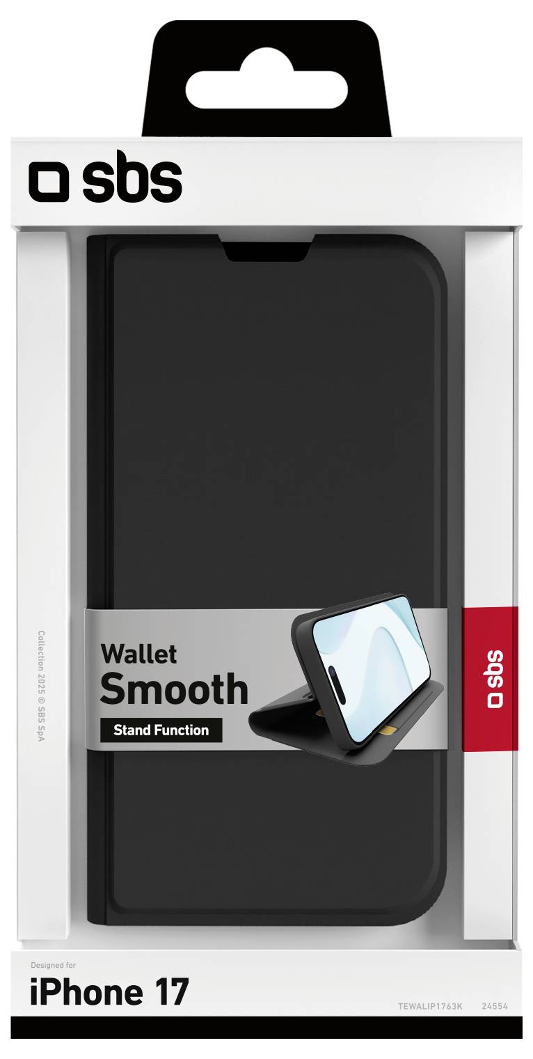 Verpakking van een zwarte SBS portemonnee telefoonhoesje met standaard functie voor iPhone 17, met een telefoonafbeelding die de standaardfunctie demonstreert.