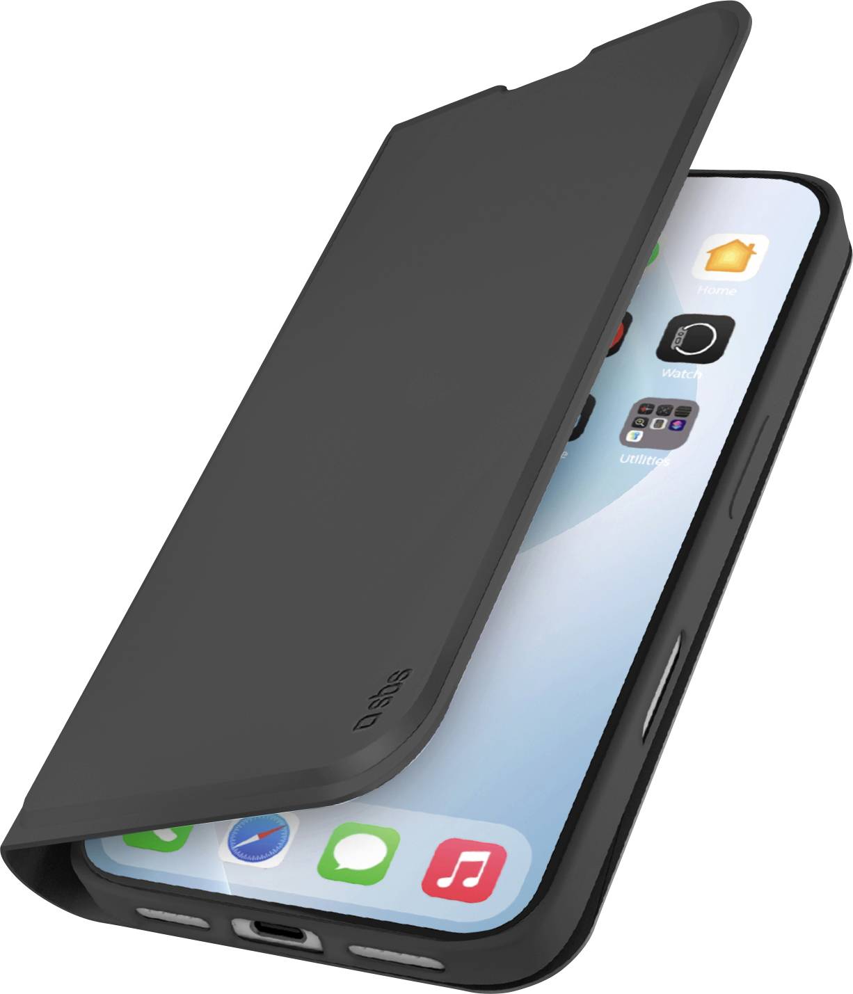 Een smartphone met een zwarte flipcover, iets opengeslagen, waarbij het beginscherm met app-pictogrammen zichtbaar is. De cover beschermt het scherm.