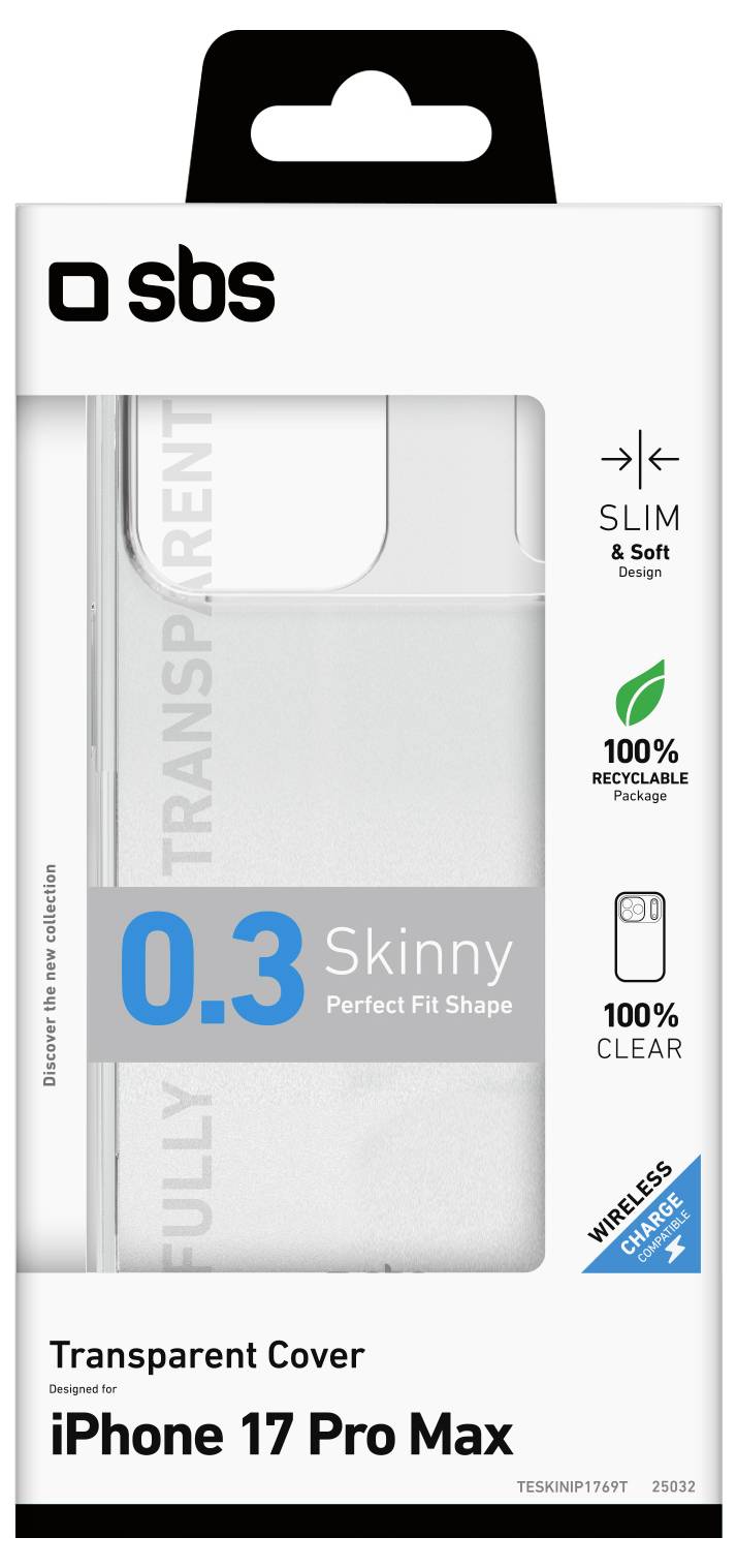 'Transparante Hoes voor iPhone 17 Pro Max' verpakking. Kenmerken zijn 'Slank & Zacht', '100% Recyclebaar', '100% Helder', compatibel met 'Draadloos Opladen'.