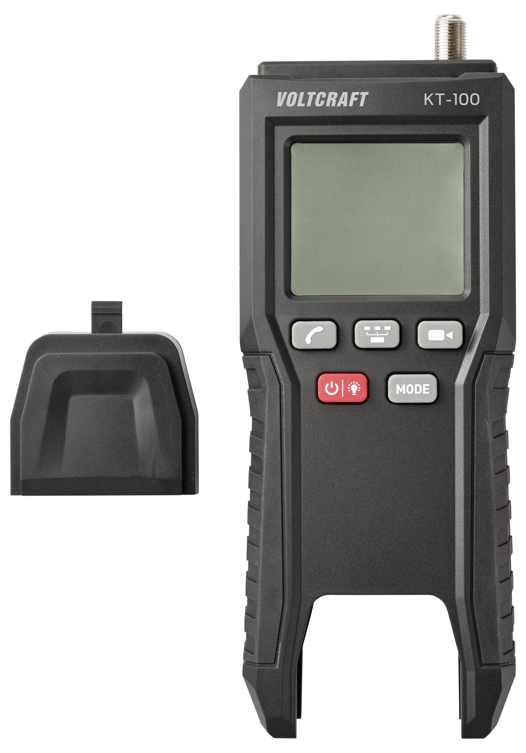 'Een Voltcraft KT-100 kabel tester met een beschermkap ernaast. Het apparaat heeft een display, knoppen voor 'Voeding', 'Modus' en LED-indicators.'